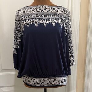 Sophie Max Navy Dolman Sleeve Top with White Border BOHO Motif